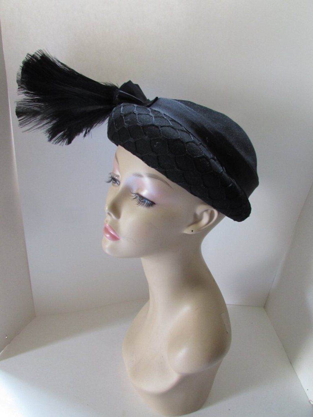 Mid Century Black Felt Hat Jaunty Side Feather